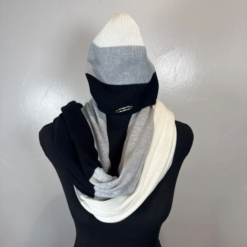 LDT Cap and Scarf Cashmere Blend Cream Black Gray Stripe